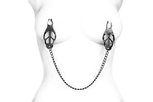 Master Series Japanese Clover Nipple Clamps with Chain - Adjustable Metal Clamp Set for Nipples, Textured Rubber Padded Tips - Clip On Design for Women Men Couples - Set of 2, Black